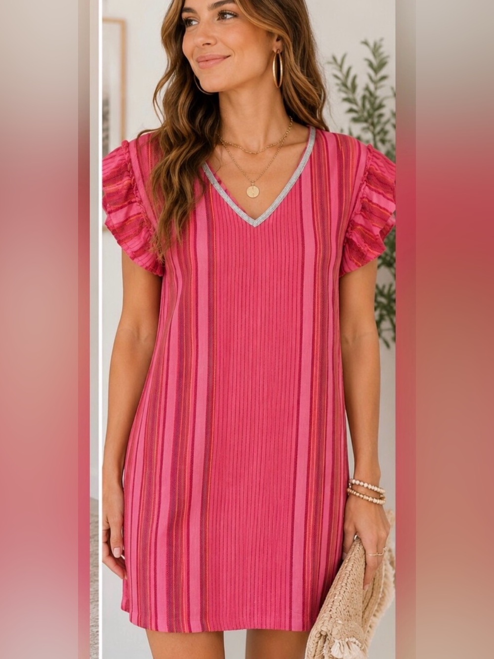 THML Pink Striped V-Neck Flutter Sleeve Cotton Mini Dress